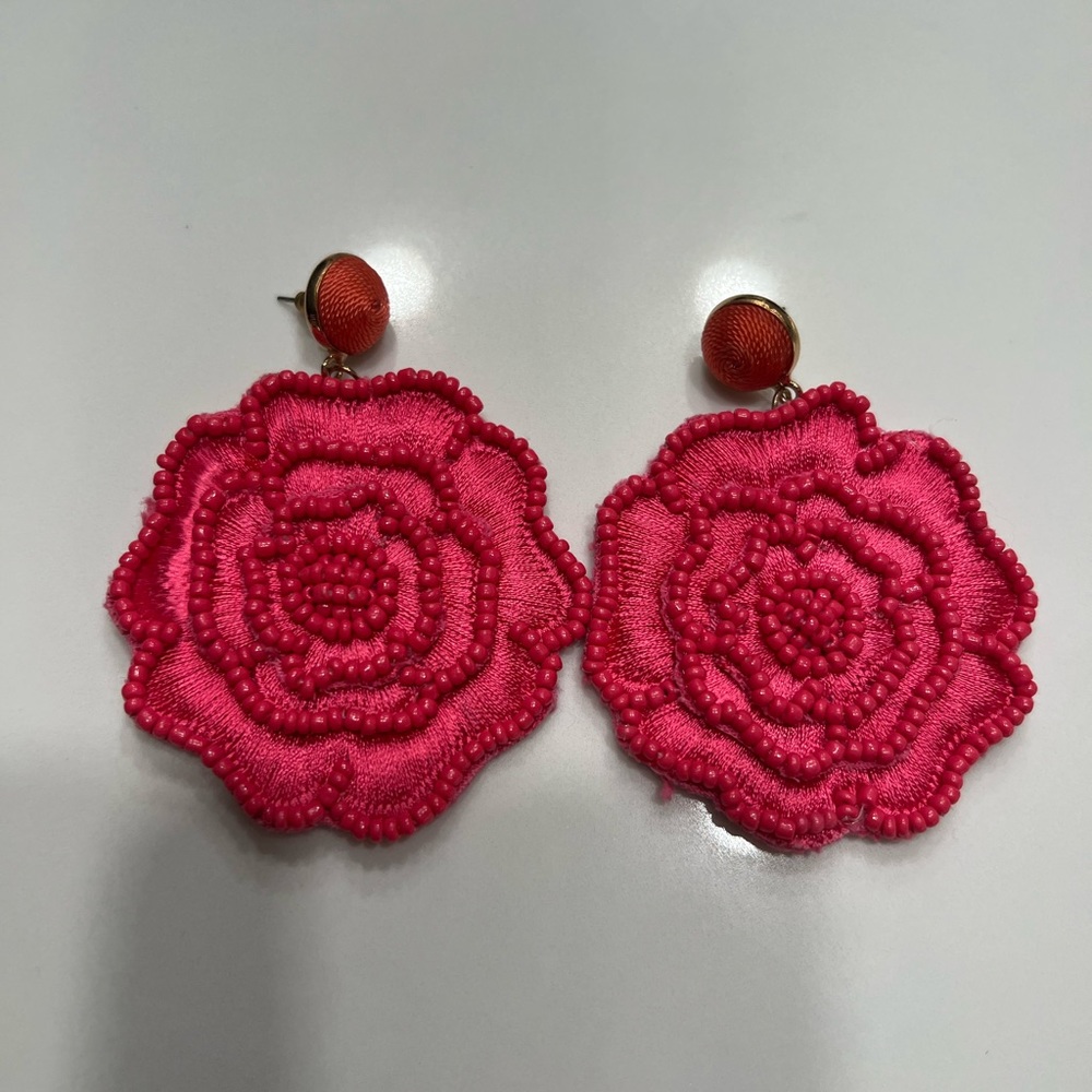 BaubleBar Pink Rose Beaded Silk Spun Stitched Cloth Stud Earrings Gold Backed